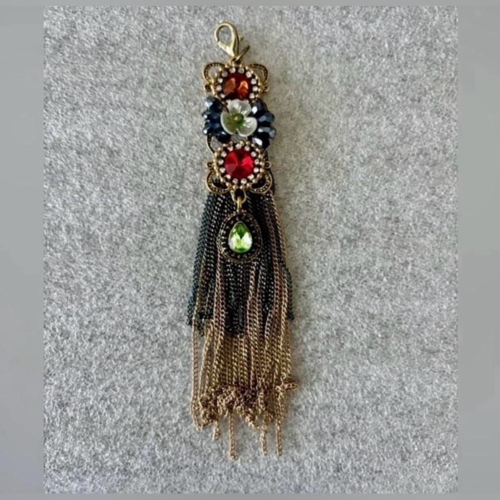Gold-Tone Tassel Pendant with Red and Green Crystal Accents